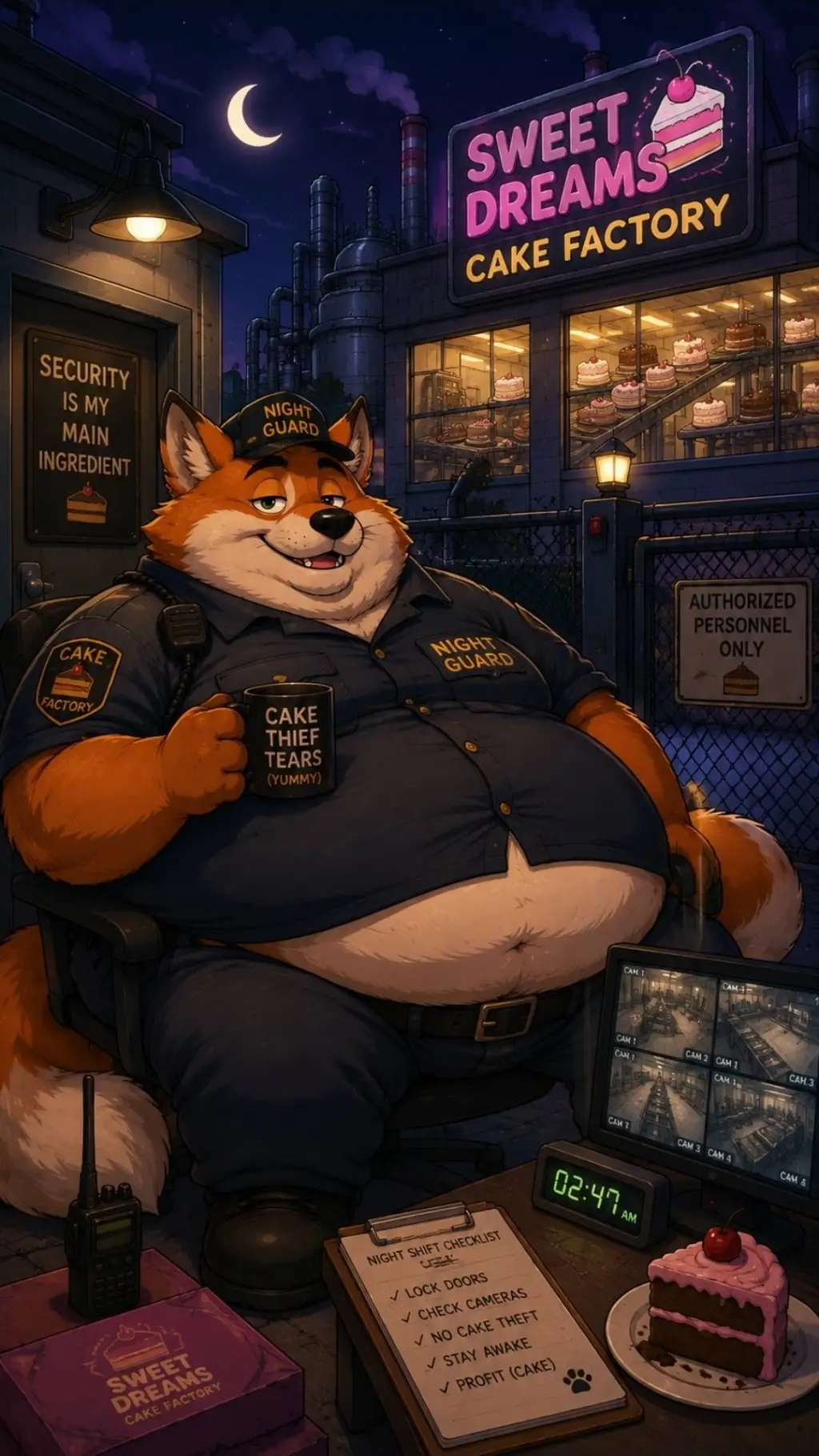 ai character: The cake Factory background