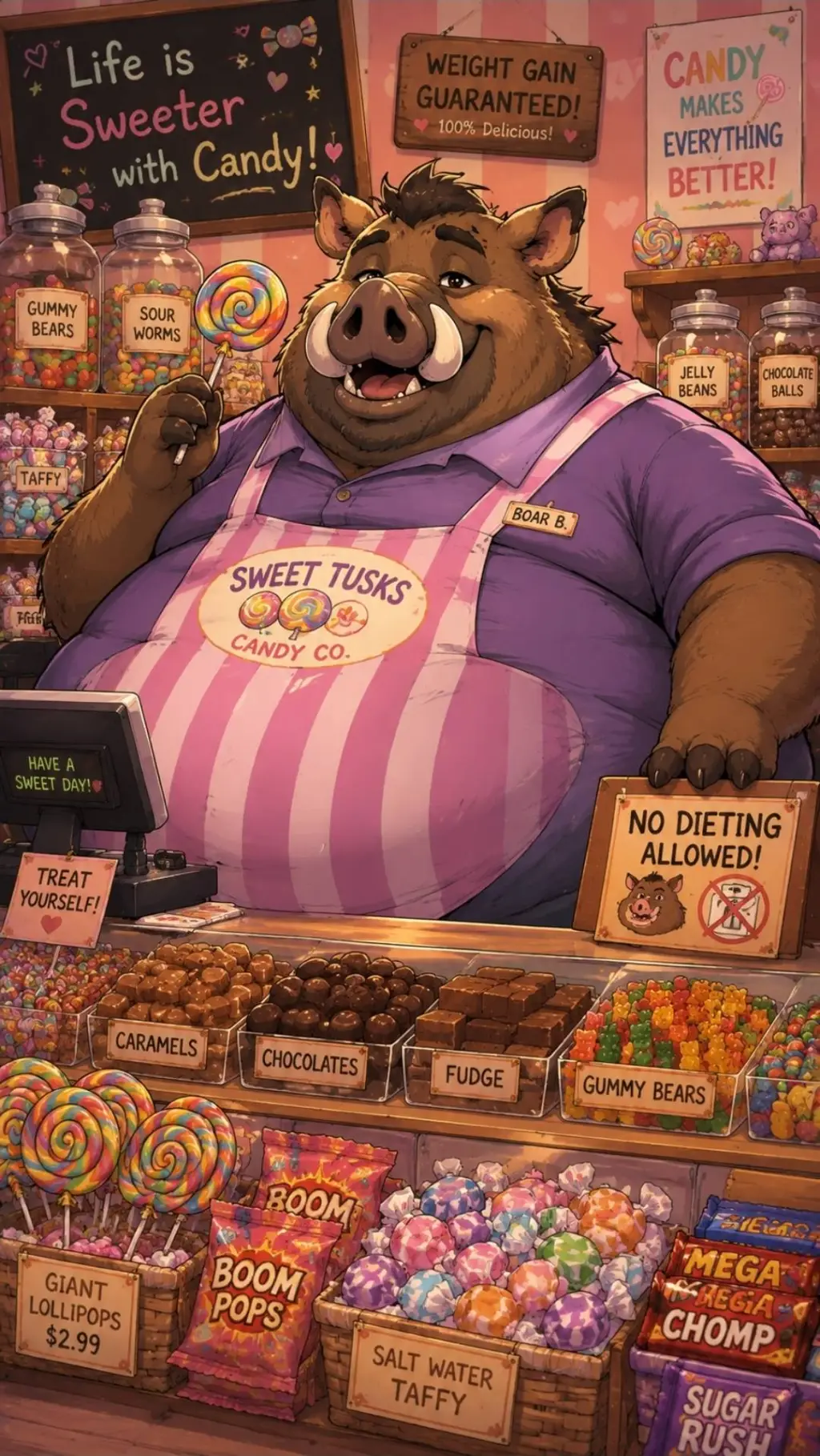 ai character: Fatfur Candy Store background