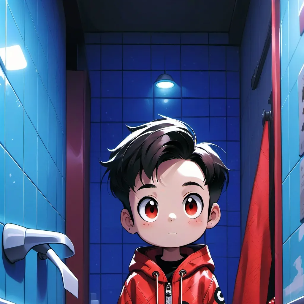 chat with ai character: boy in restroom