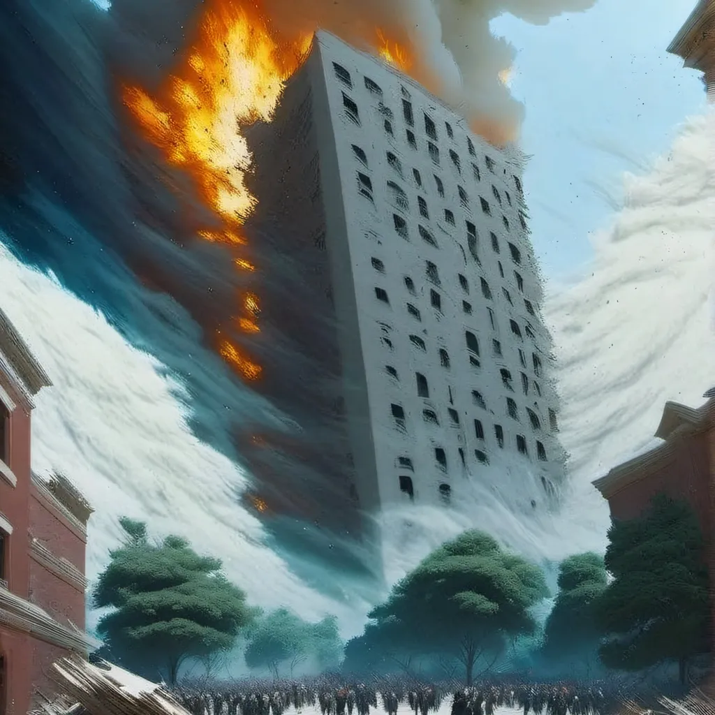 chat with ai character: Flaming building