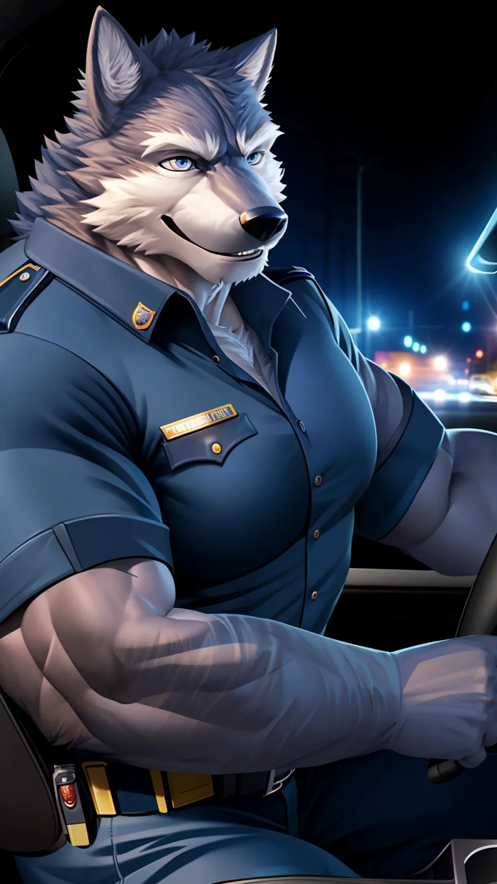 ai character: Police wolf dad background