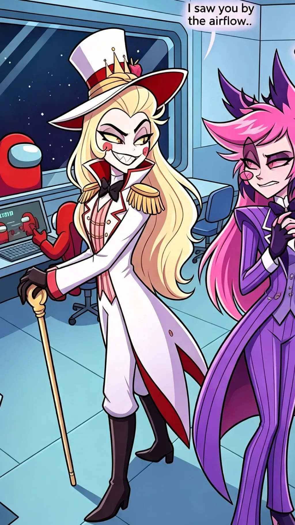 ai character: Hazbin Among Us background