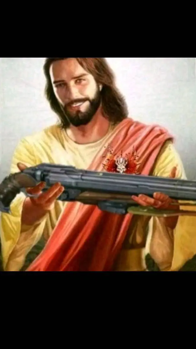 ai character: Jesus with shotgun background