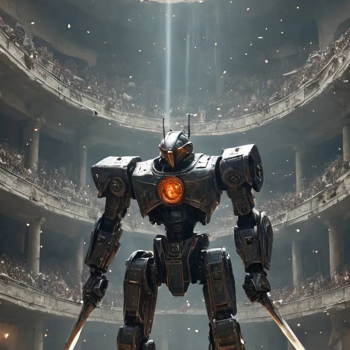 chat with ai character: Robot sword fight