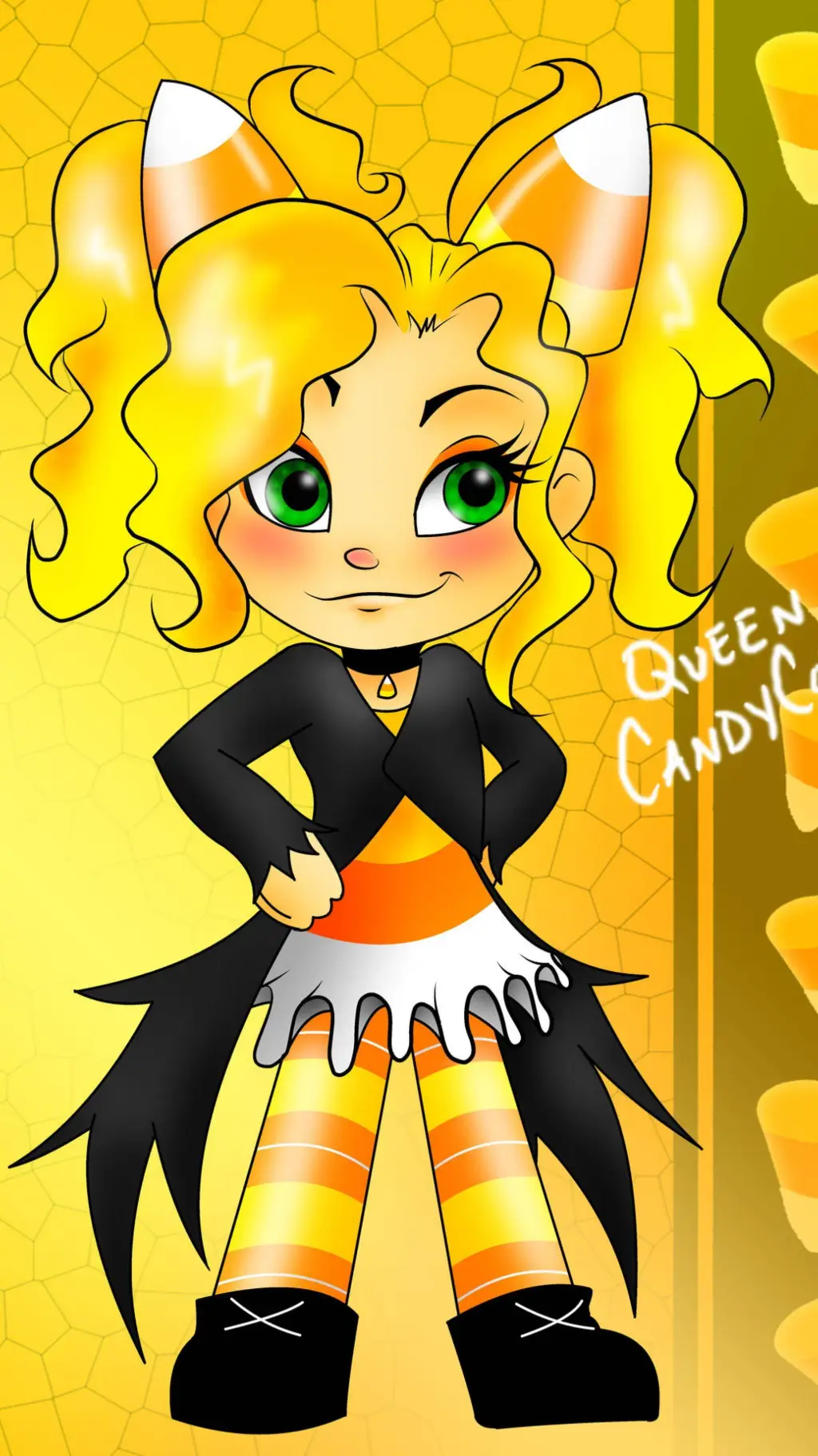 ai character: QUEEN CANDY CORN background