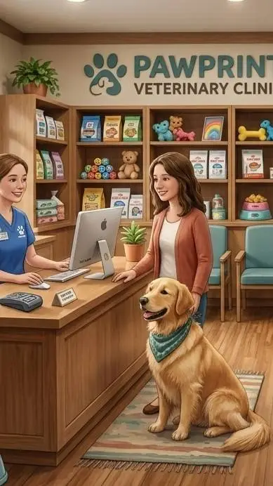 ai character: PawPrint Clinic background