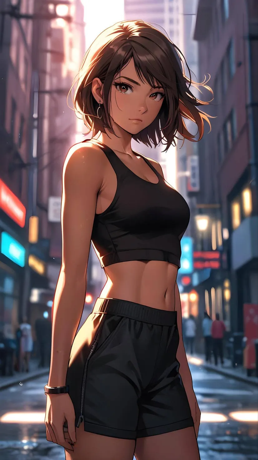 ai character: Kasumi in the city background