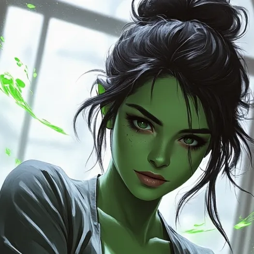 chat with ai character: Young she-hulk.