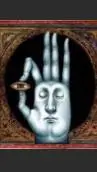 ai character: a hand holding eye background