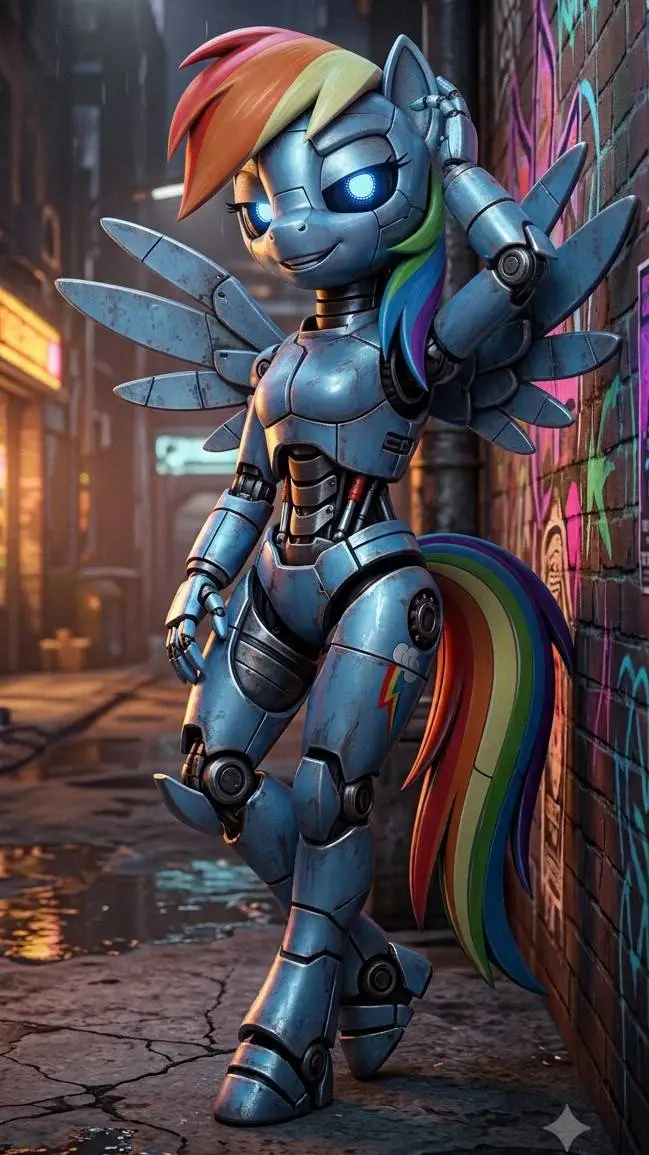ai character: Robot Rainbow Dash background