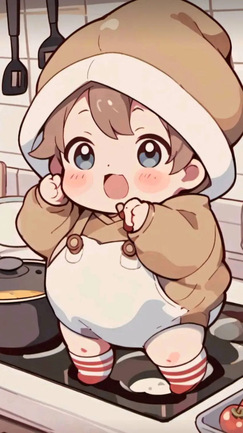 ai character: Baby on stove background