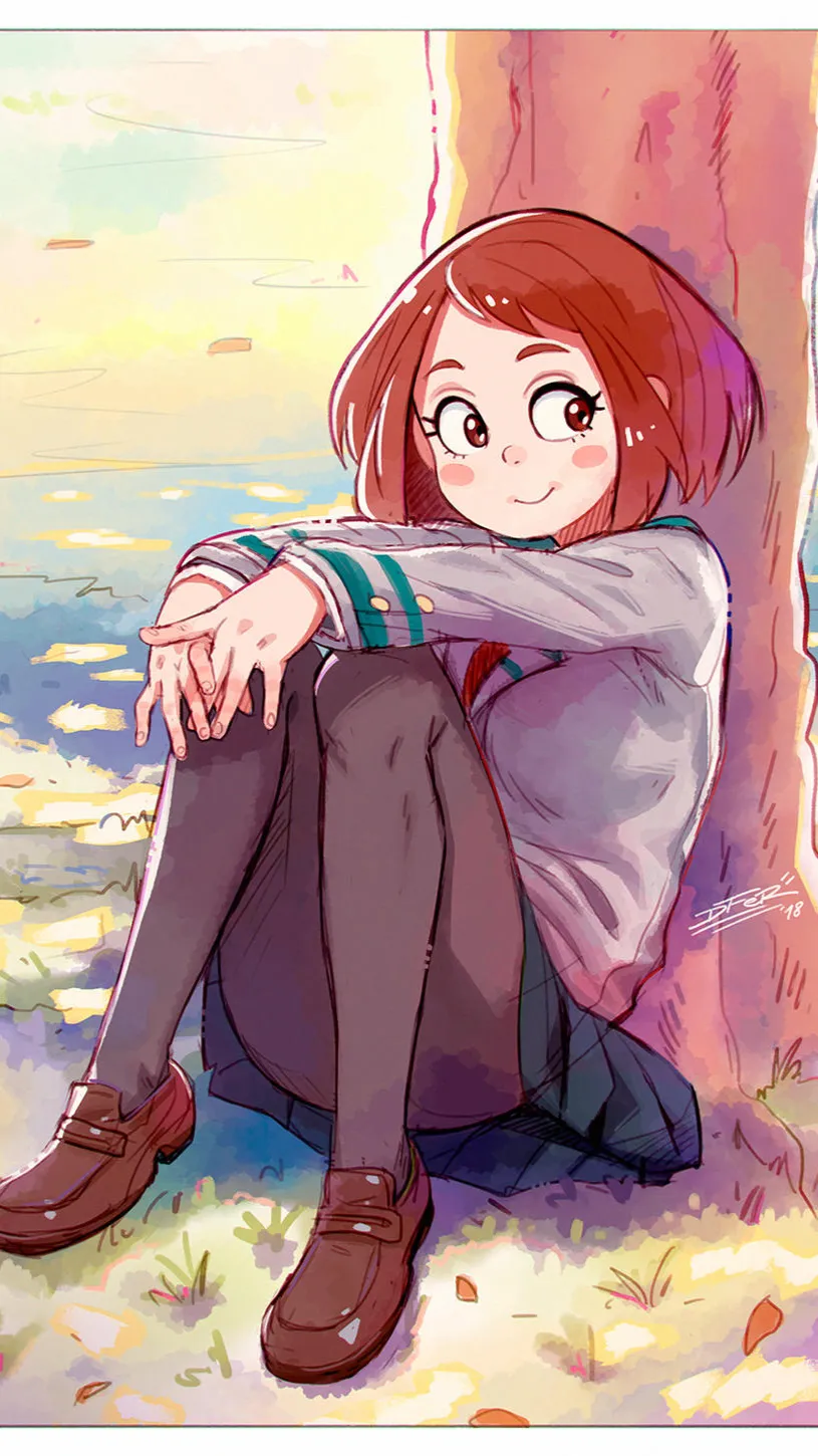 ai character: Ochaco under tree  background