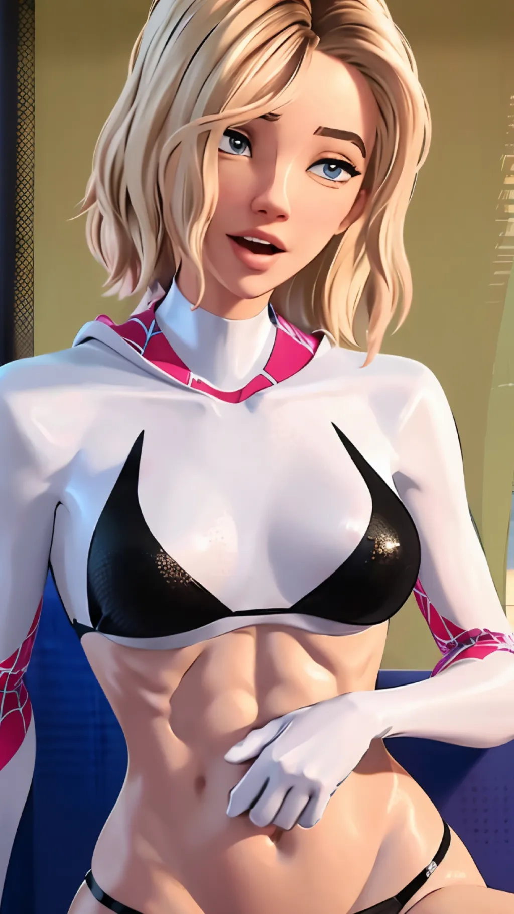 ai character: Gwen at the beach background