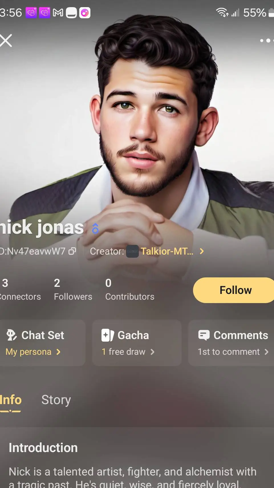 ai character: nick jonas  background