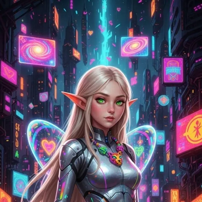 chat with ai character: Neon Winged Elf 