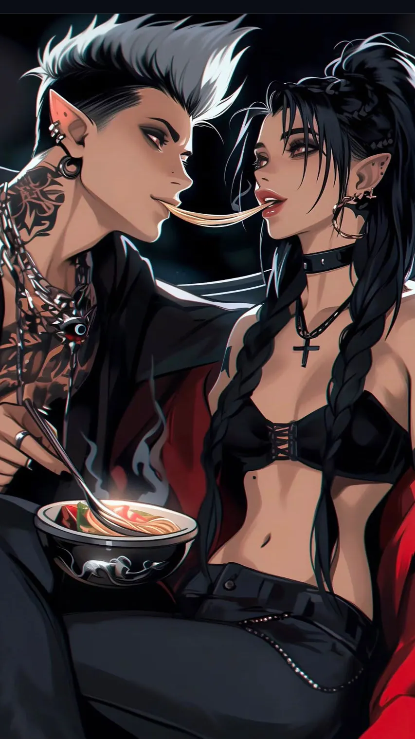 ai character: Vance (Silver-haired) & Lyra (Black-haired) background