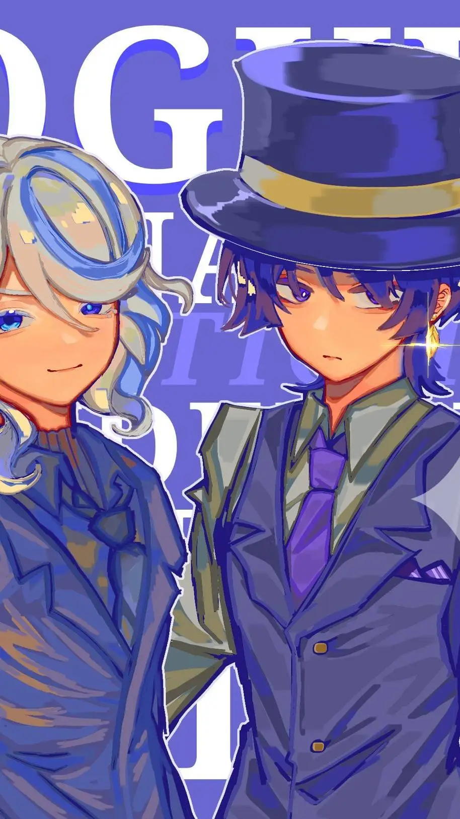 ai character: Furina and hat guy background