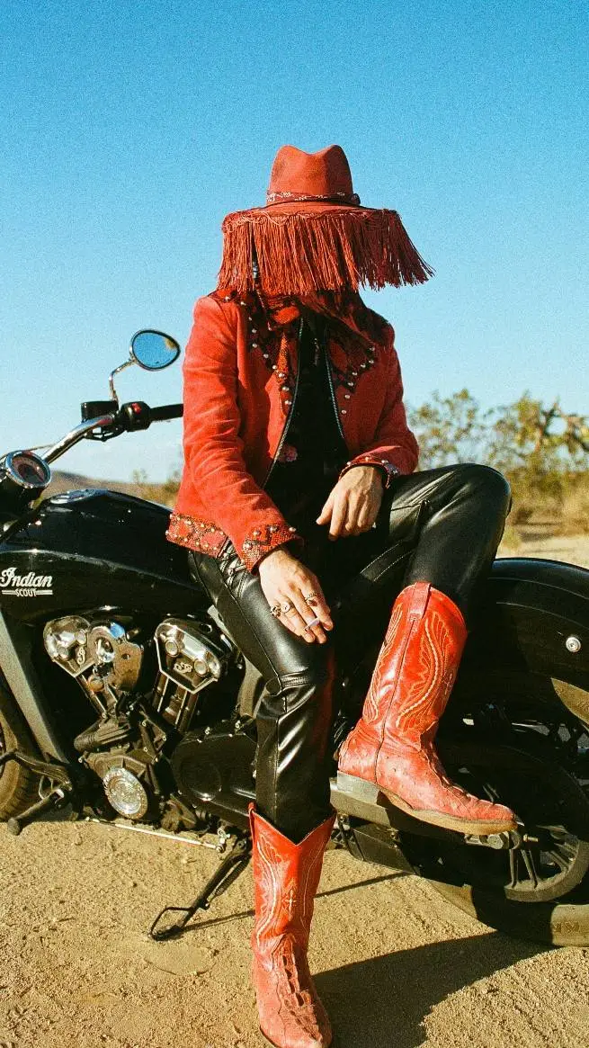 ai character: red leather background