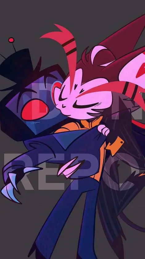 ai character: 🩵vox📺 x 🐱husk🍾 background