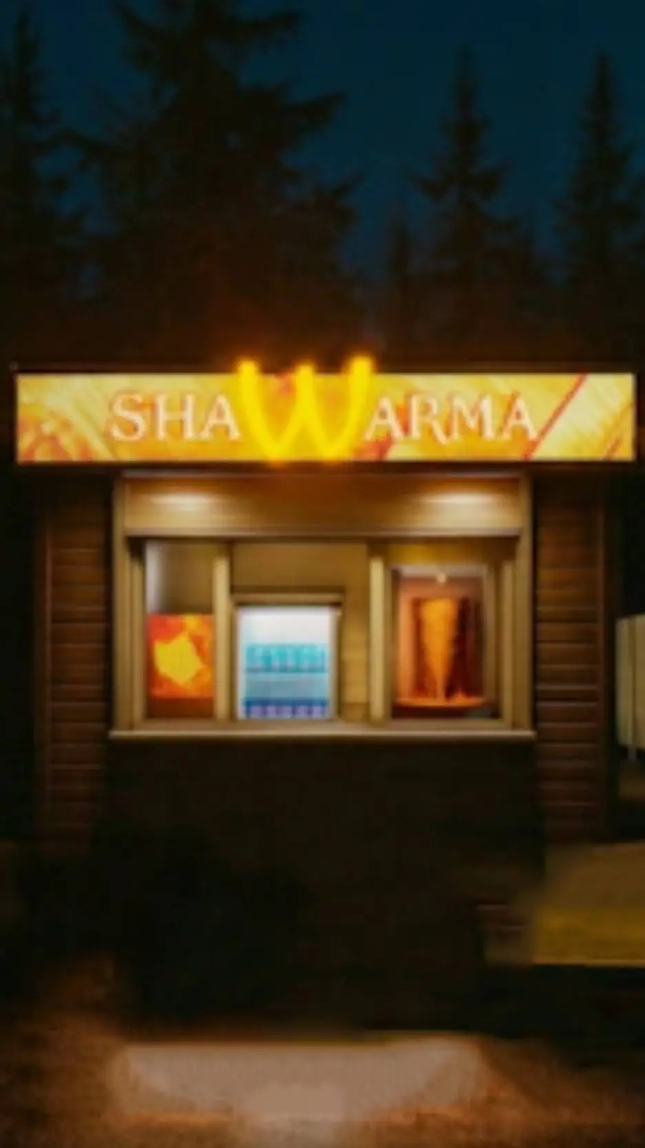 ai character: SCARYshawarmaKIOSK background