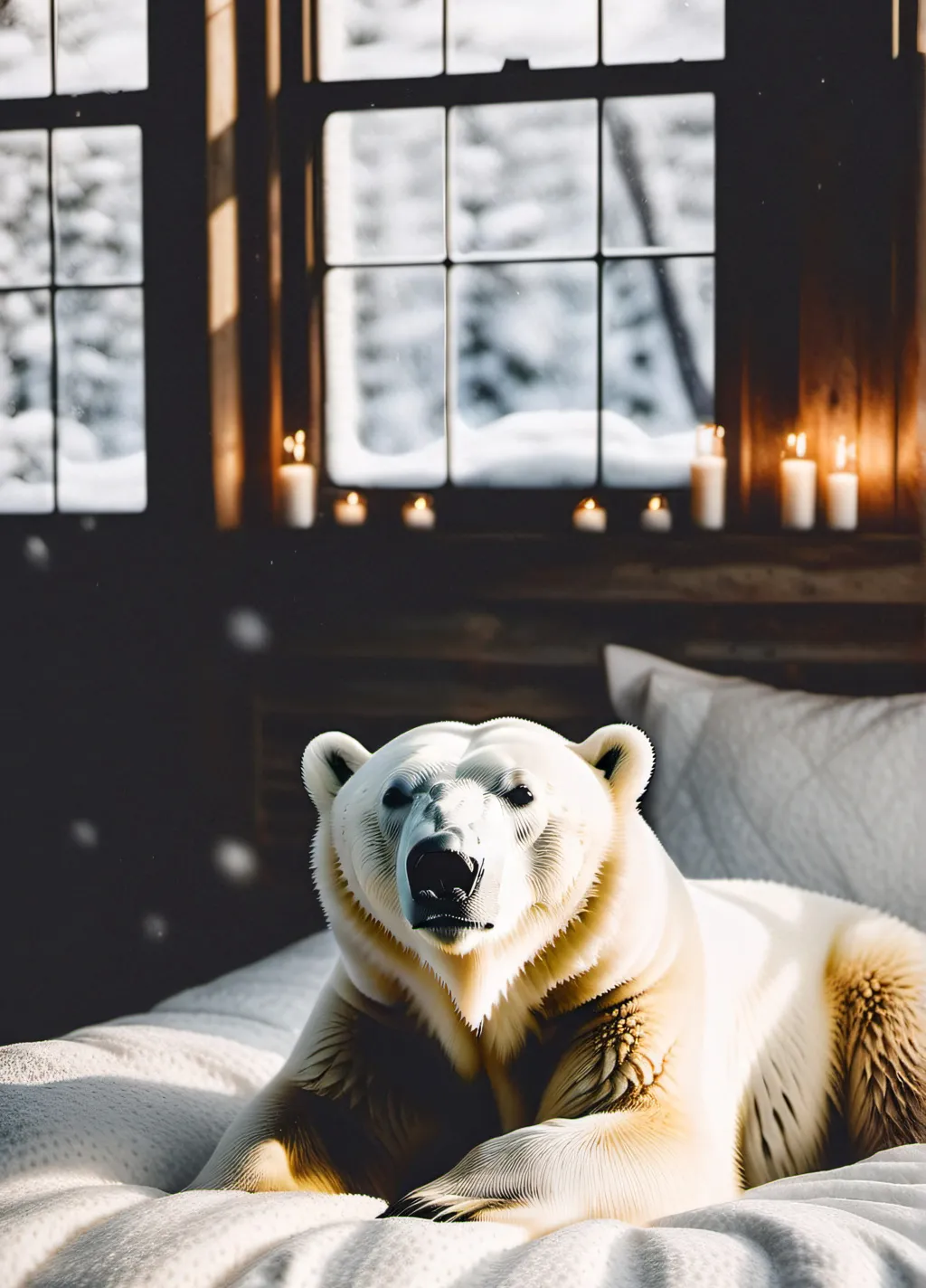 chat with ai character: Polar bear in bed