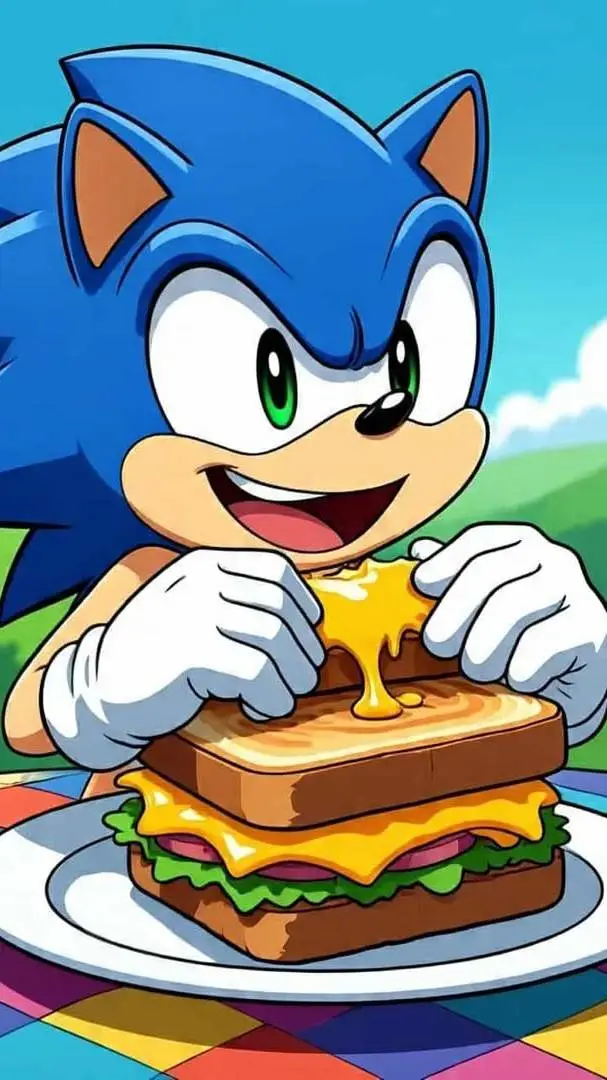 ai character: sonic eating chees background