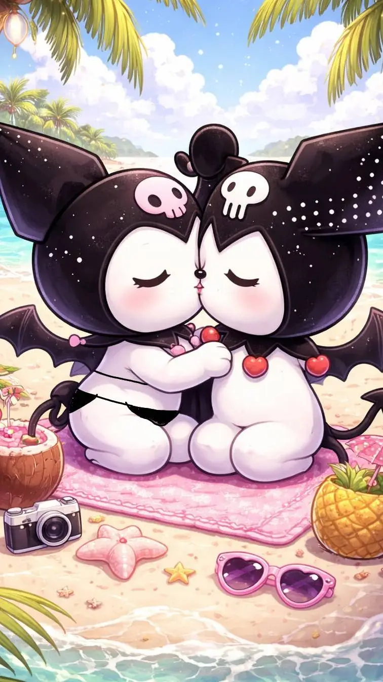 ai character: kuromi en la playa background