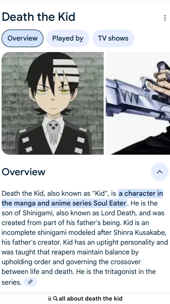 ai character: Death the kid  background