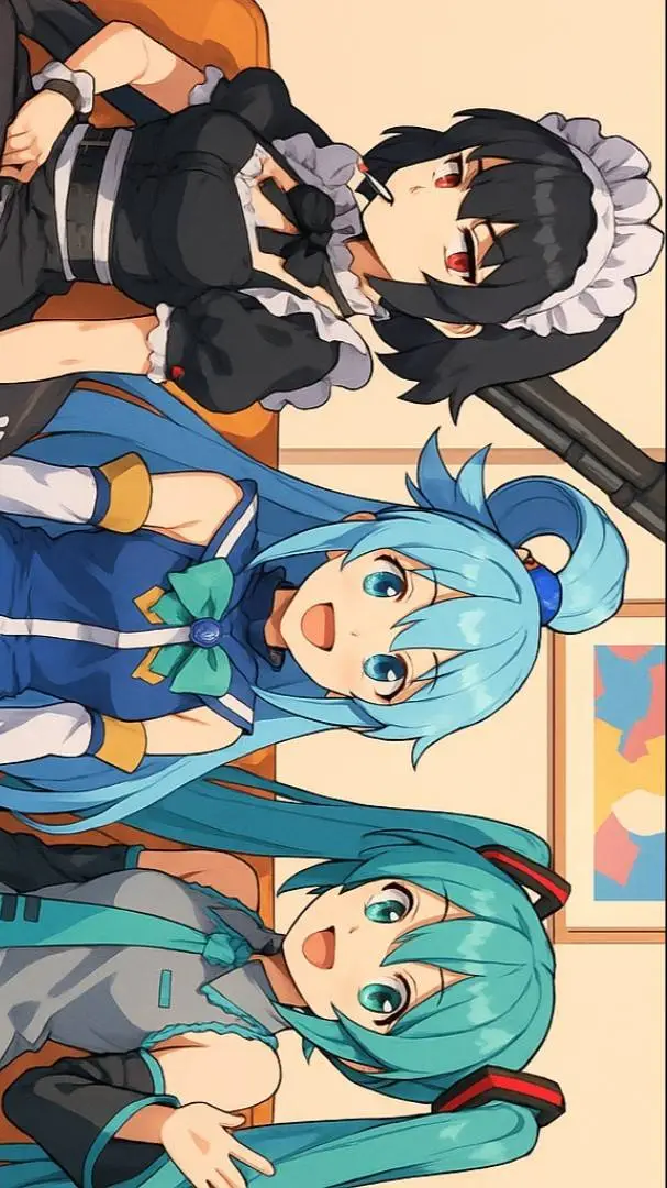 ai character: Aqua, ellen y miku background