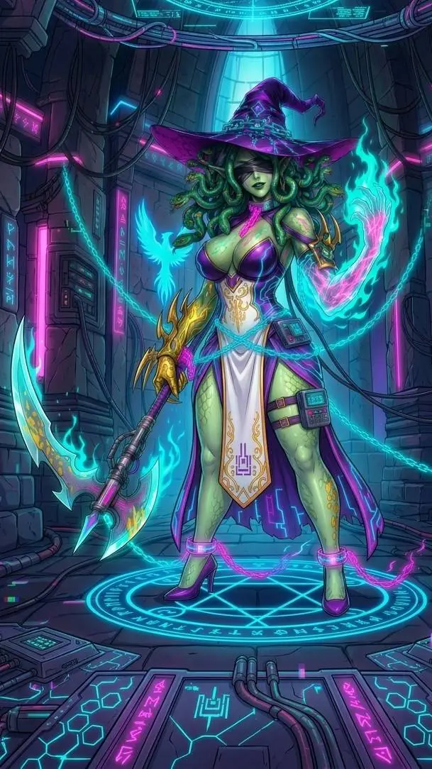 ai character: medusa aurora background