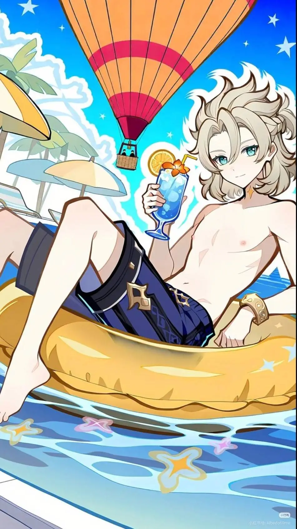 ai character: albedo on vacation background