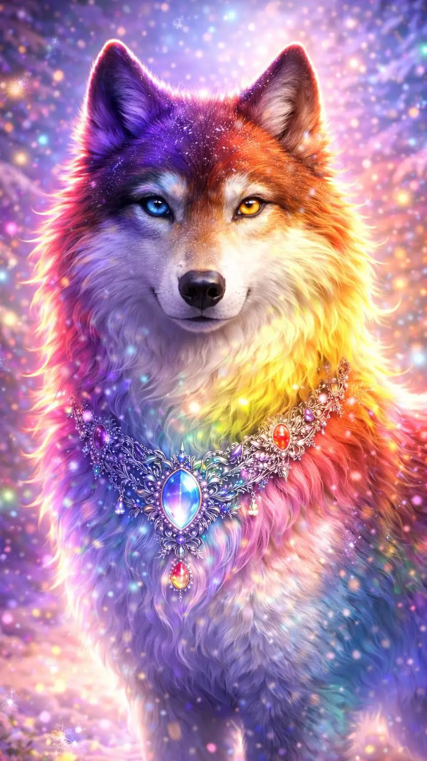 ai character: Evie Rainbow Wolf  background