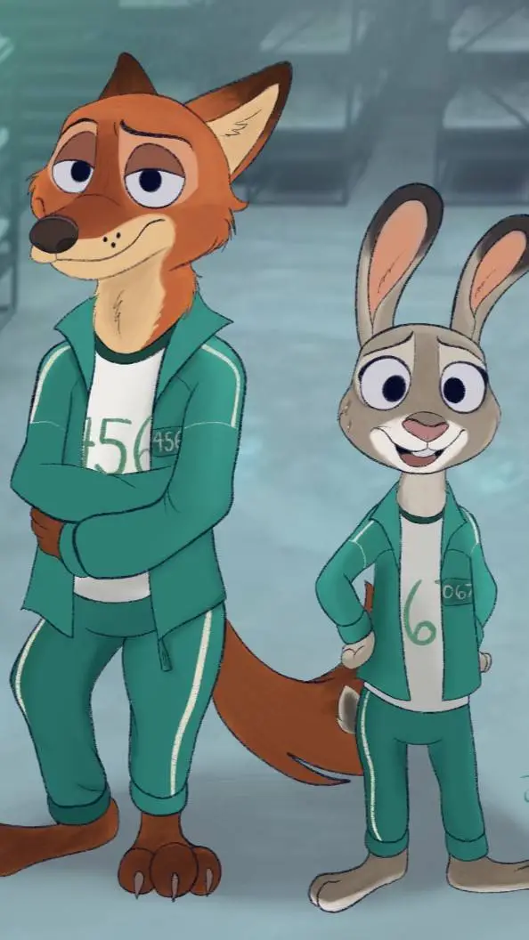 ai character: Zootopia&SquidGame background