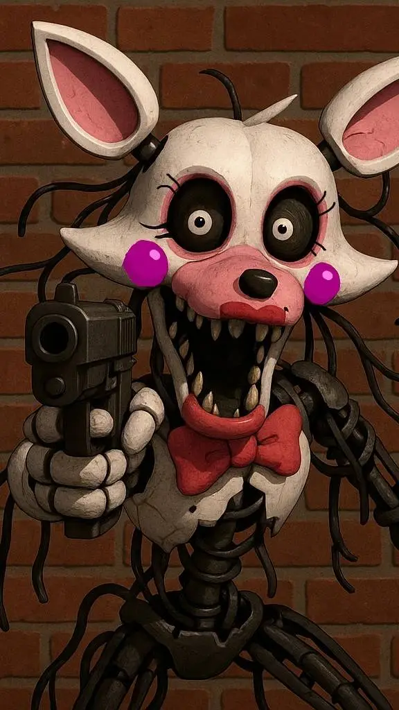 ai character: Mangle with gun 😭  background