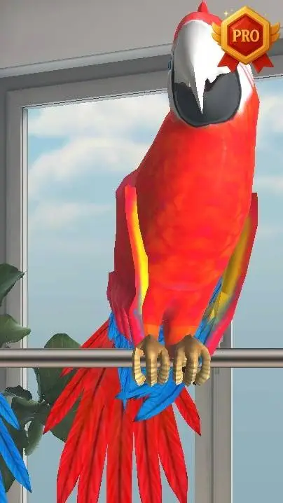ai character: Talking Parrot red background