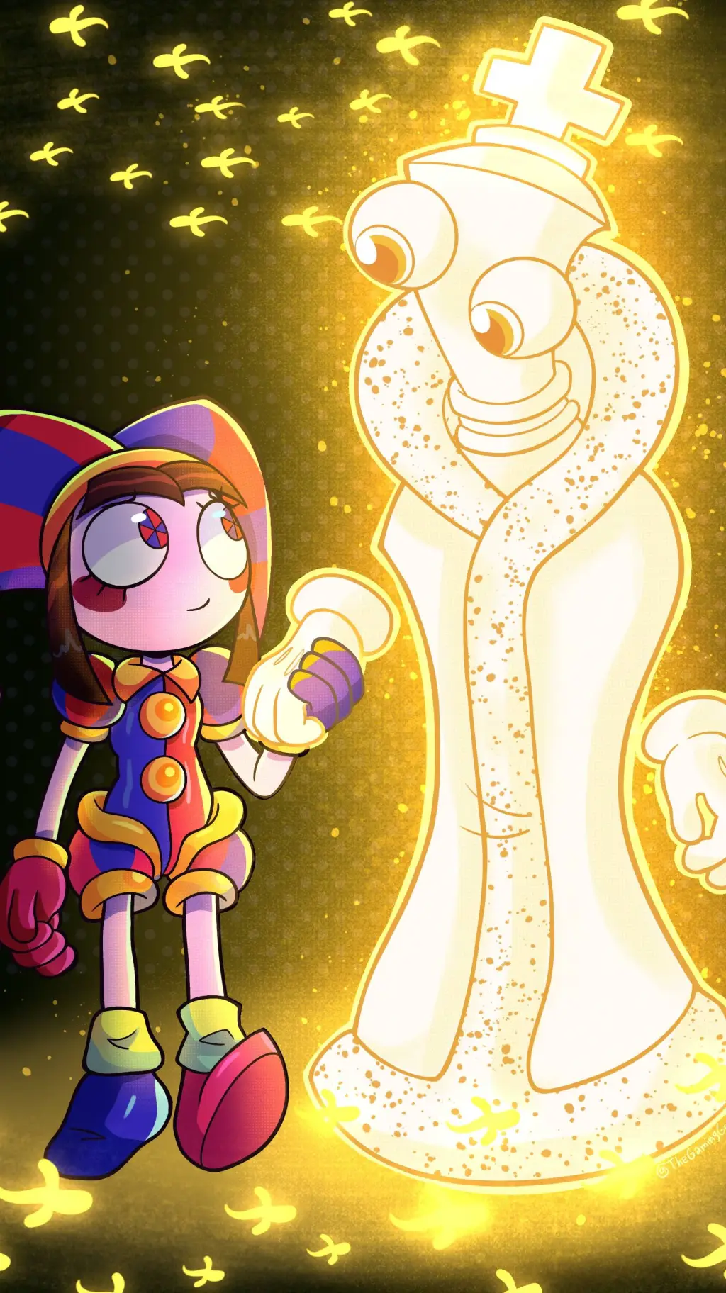 ai character: pomni and kinger  background