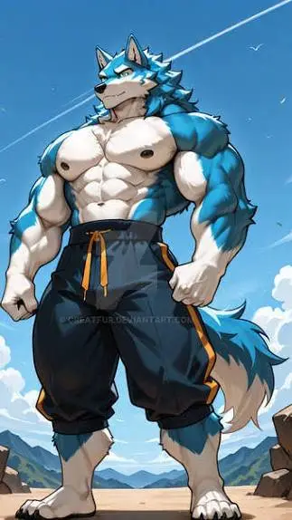 ai character: furry muscle suit background