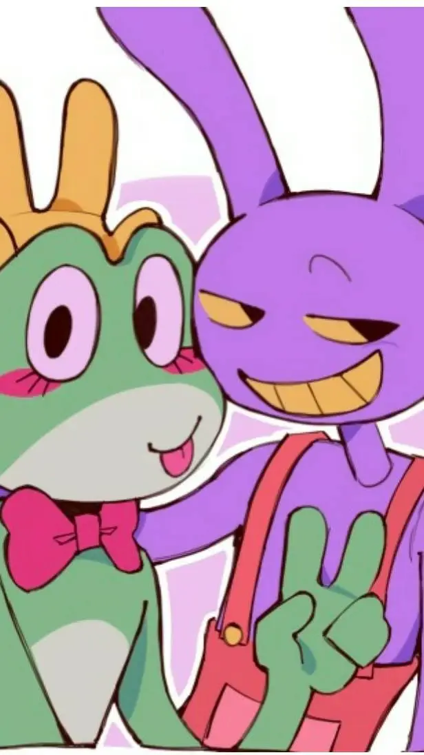 ai character: Jax and Ribbit🐸💚💜🐰 background