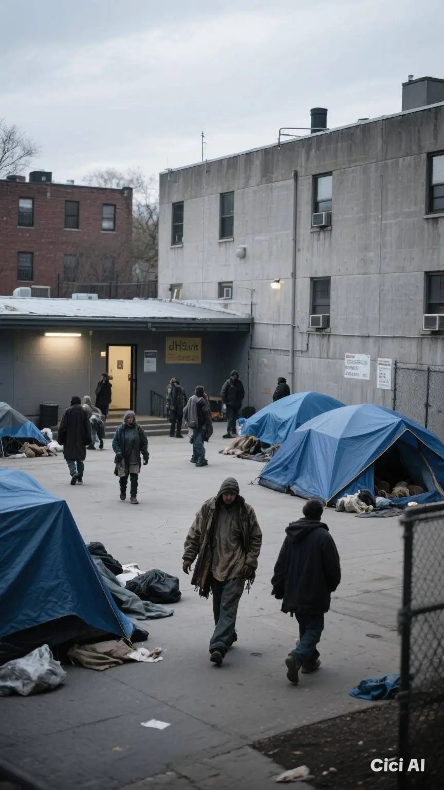 ai character: homeless shelter background