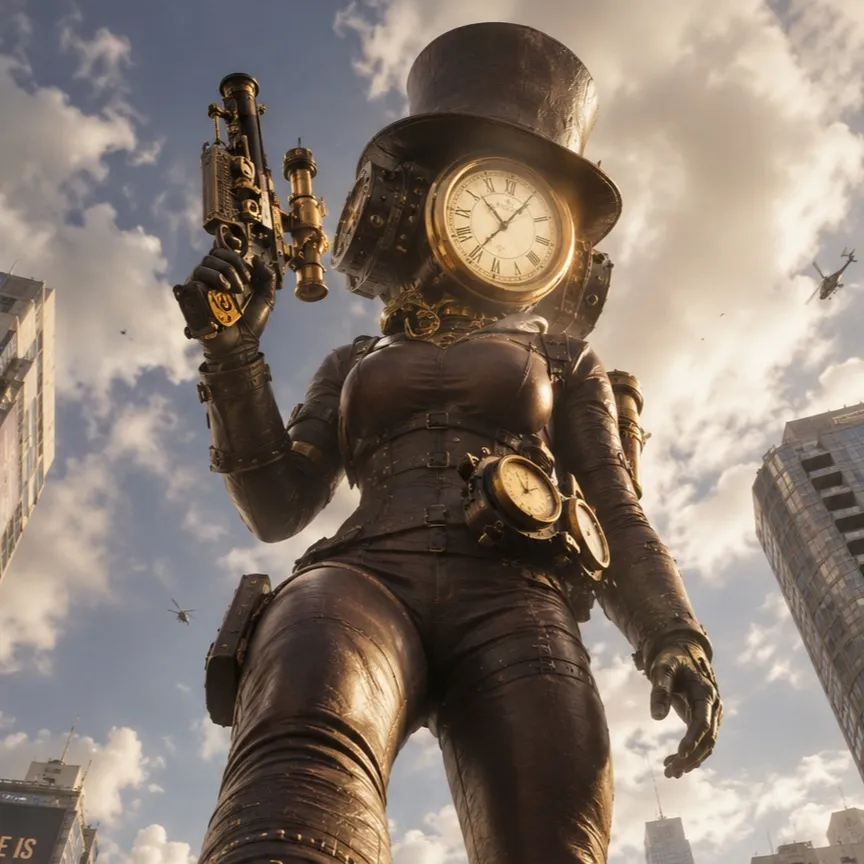 chat with ai character: Giant clockwoman 