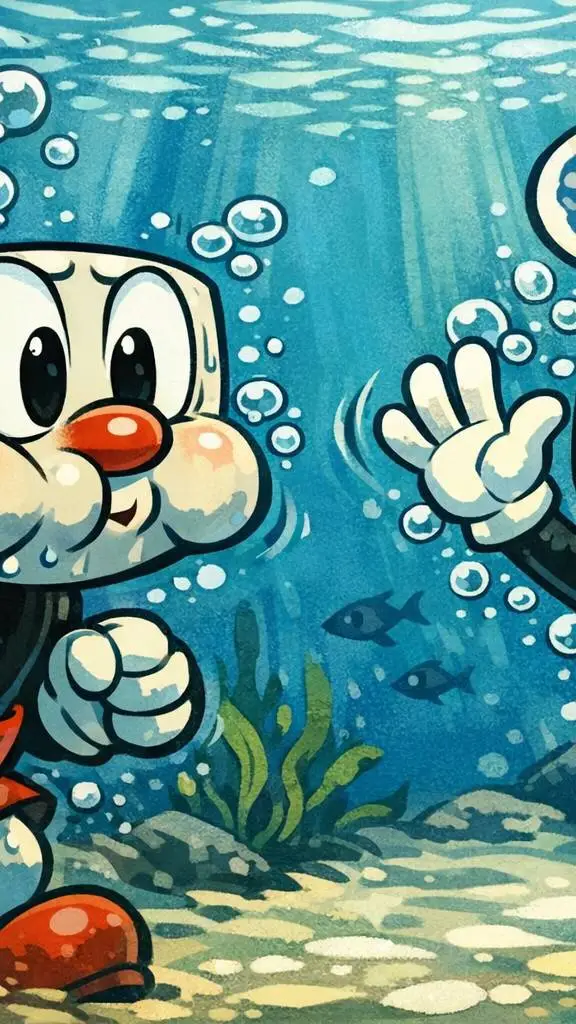 ai character: Cuphead underwater background