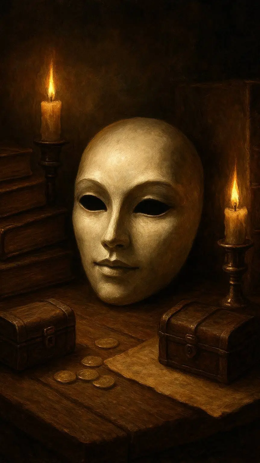 ai character: Mask of Whispers🎭 background