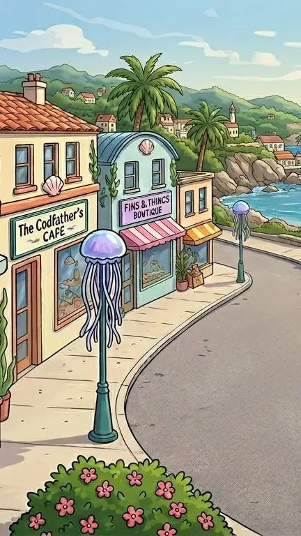 ai character: fishy town background
