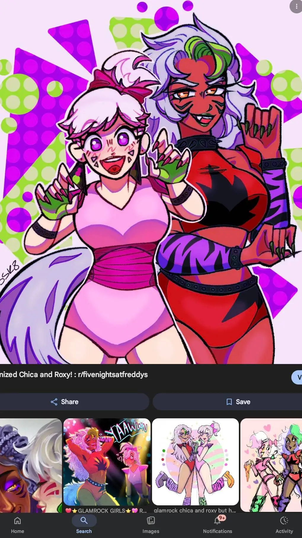 ai character: Roxy and ChicaTFGF background