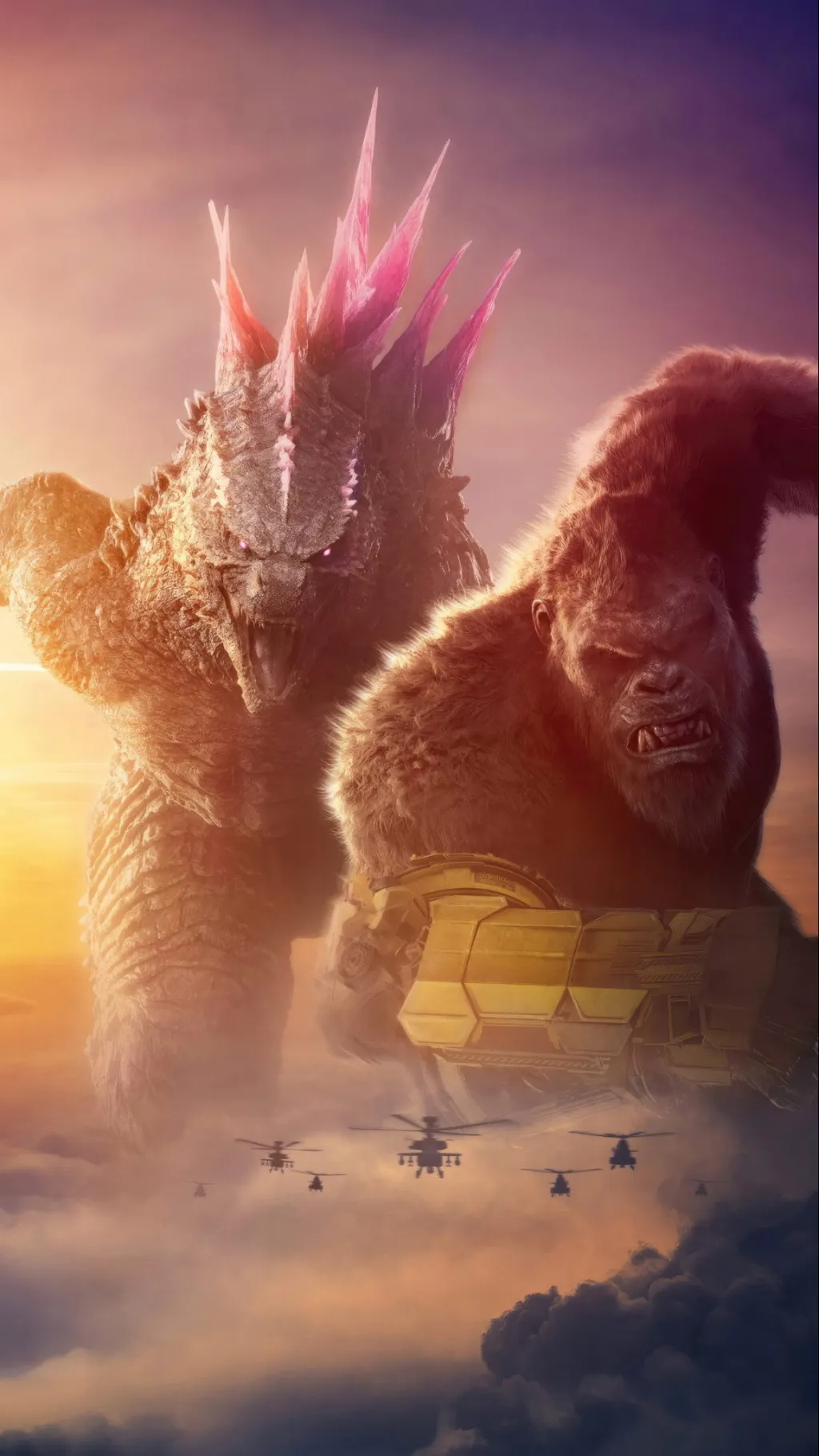 ai character: Godzilla and king  background