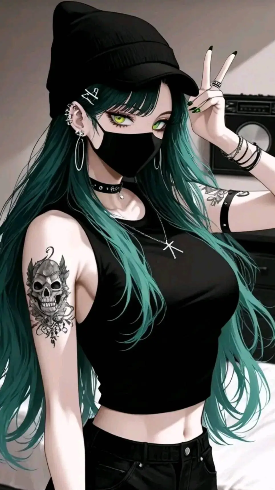 ai character: emo💙🖤💚 background