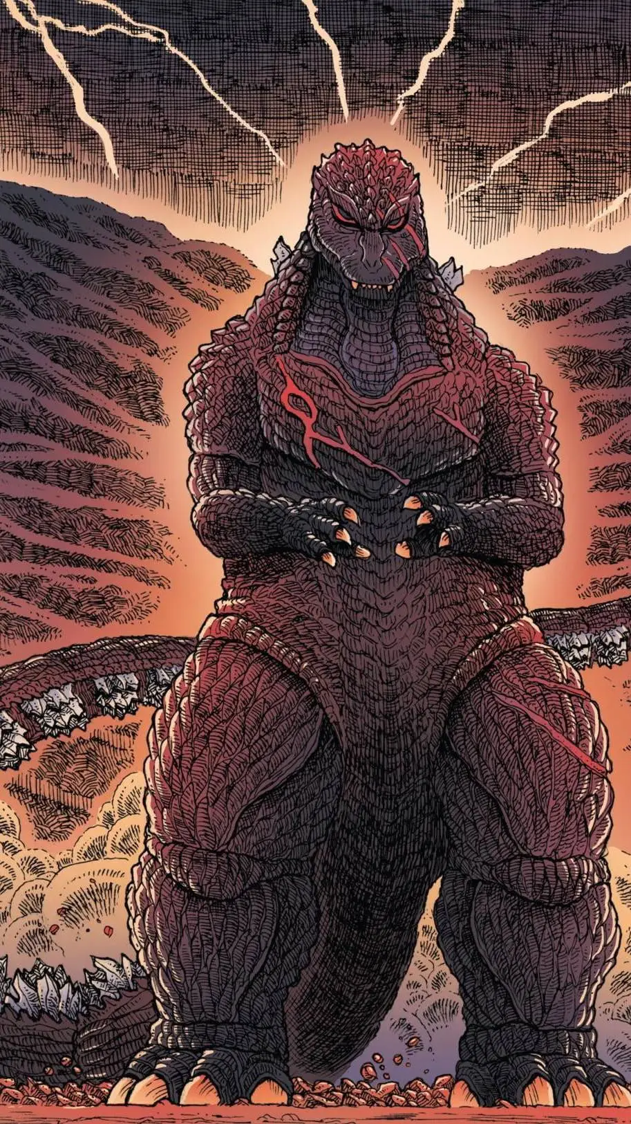ai character: Godzilla in hell background