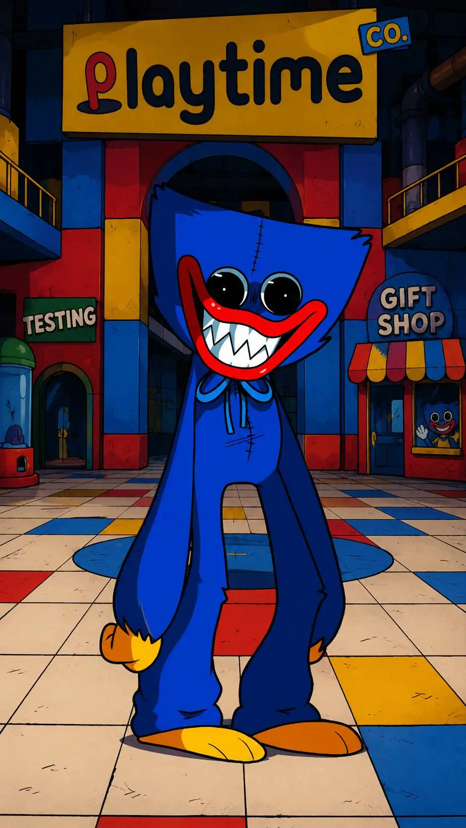 ai character: Huggy wuggy  background