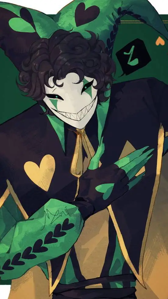 ai character: 🖤🤍harlequin💚💛 background