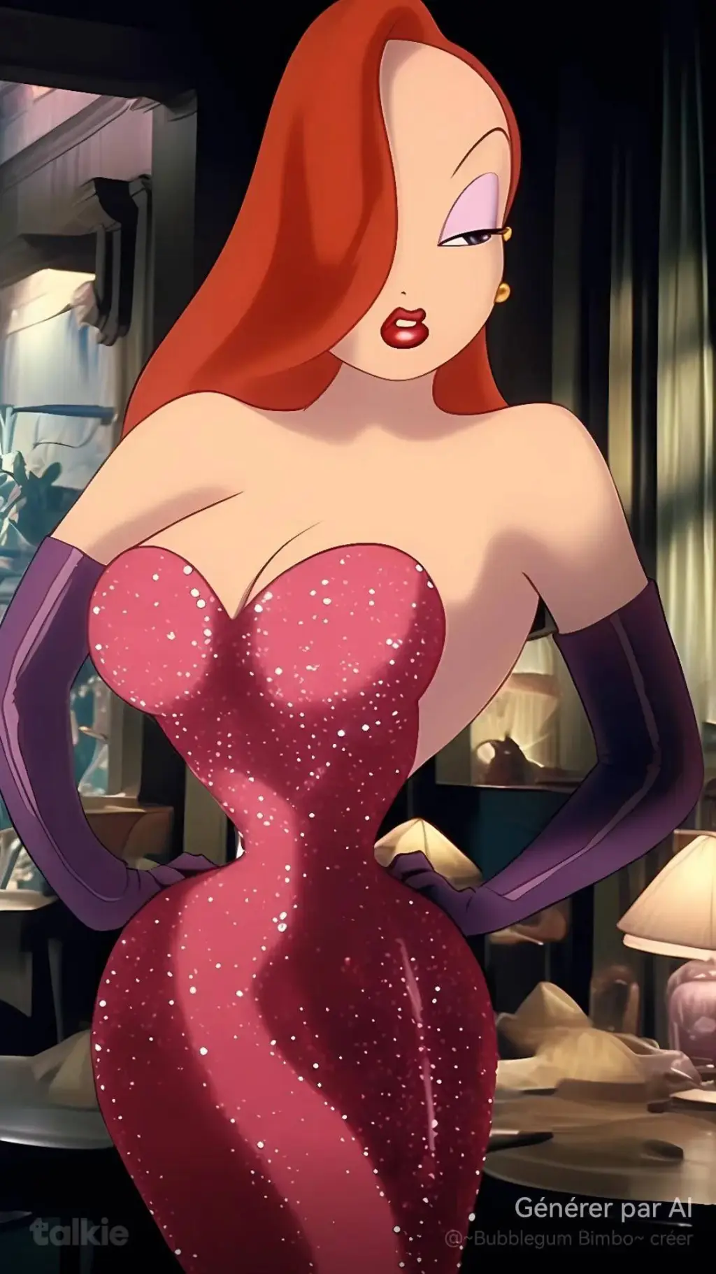 ai character: Jessica rabbit  background
